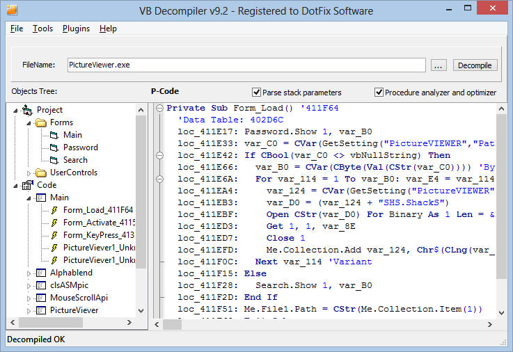 Decompiler of Visual Basic programs. Decompiling forms, p-code, native code