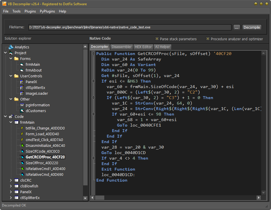 VB Decompiler 26.4 displaying the Native Code GetCRCOfProc procedure