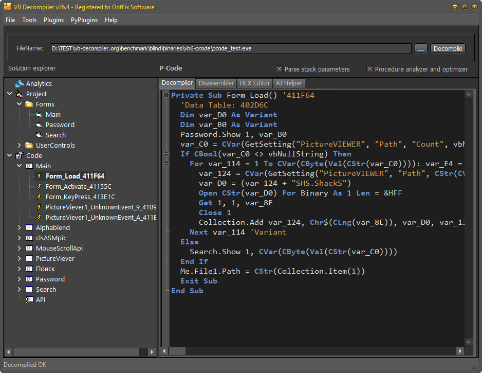 VB Decompiler 26.4 displaying decompiled P-Code for the blind test