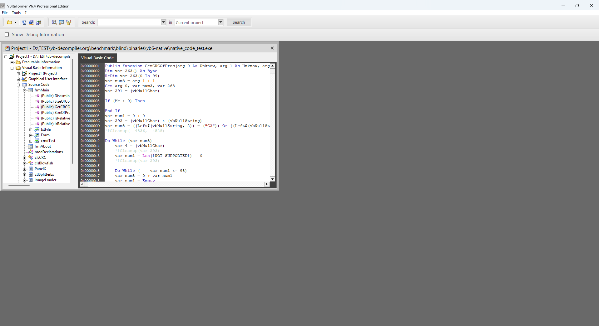 VBReFormer 6.4.350 displaying the Native Code GetCRCOfProc procedure