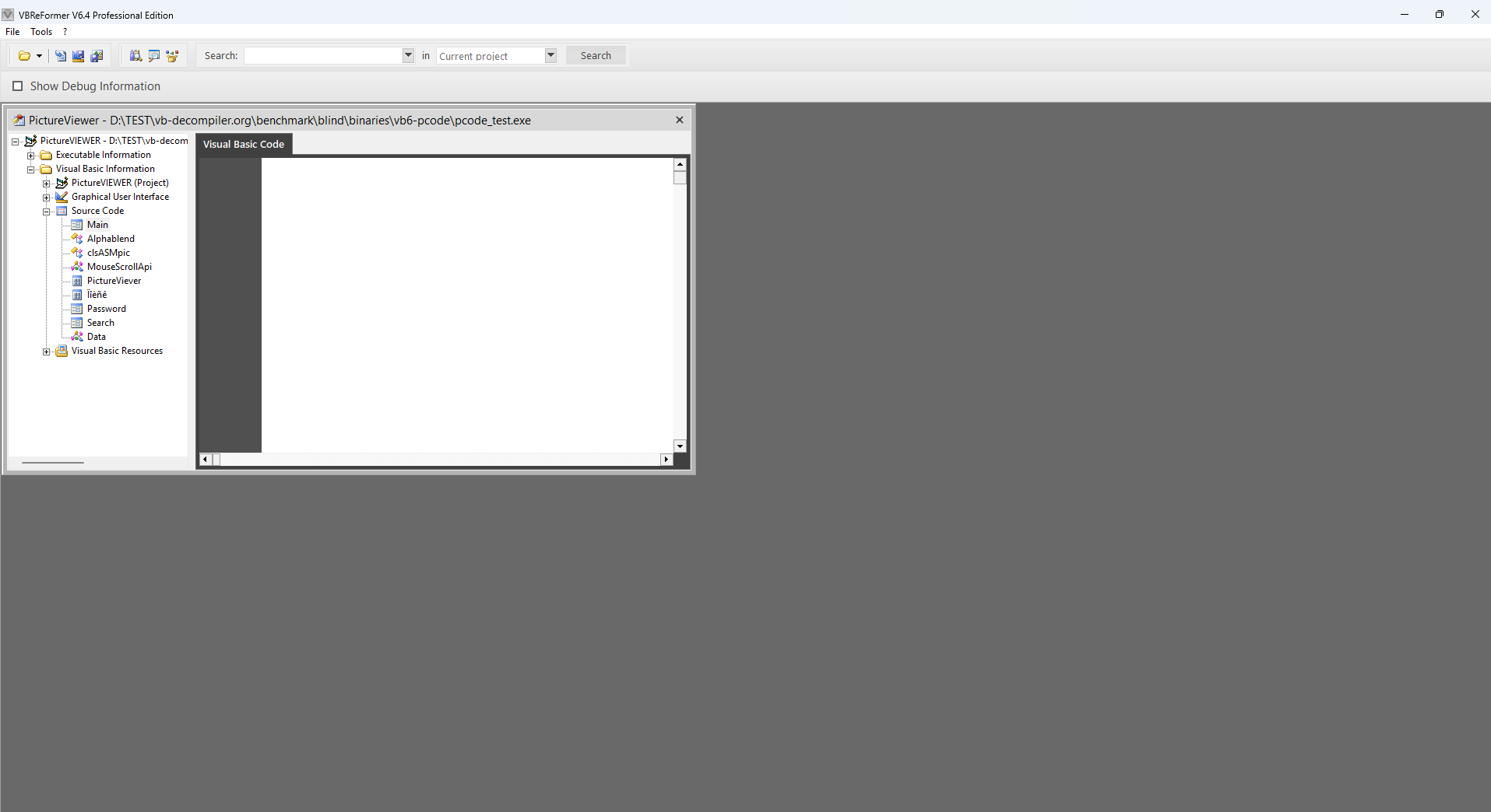 VBReFormer 6.4.350 showing the selected Main P-Code module and a blank Visual Basic Code pane