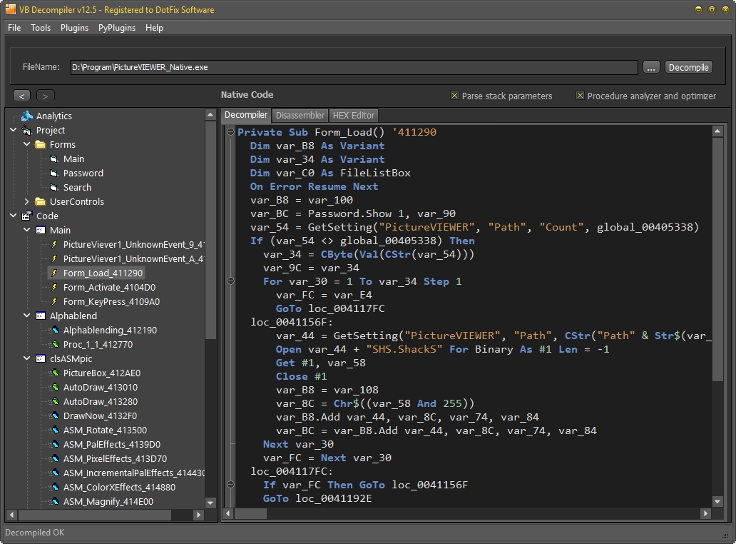 Decompilation of Native Code in VB Decompiler