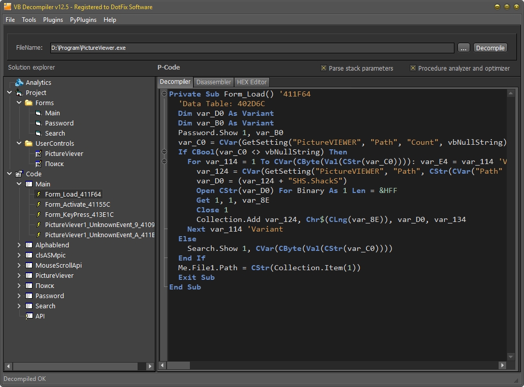 Decompiling P-Code in VB Decompiler