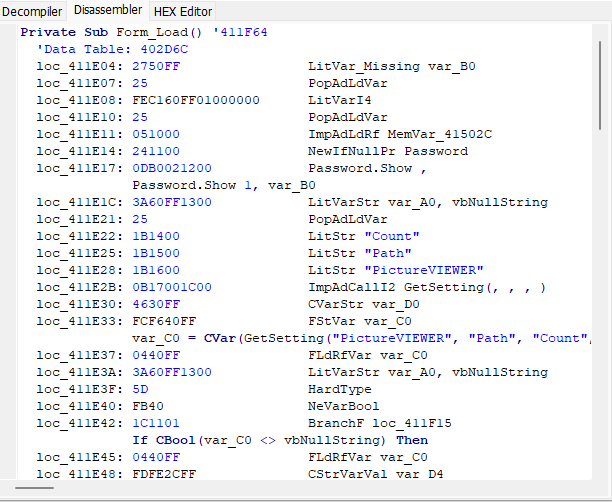 VB Decompiler disassembled and decompiled code