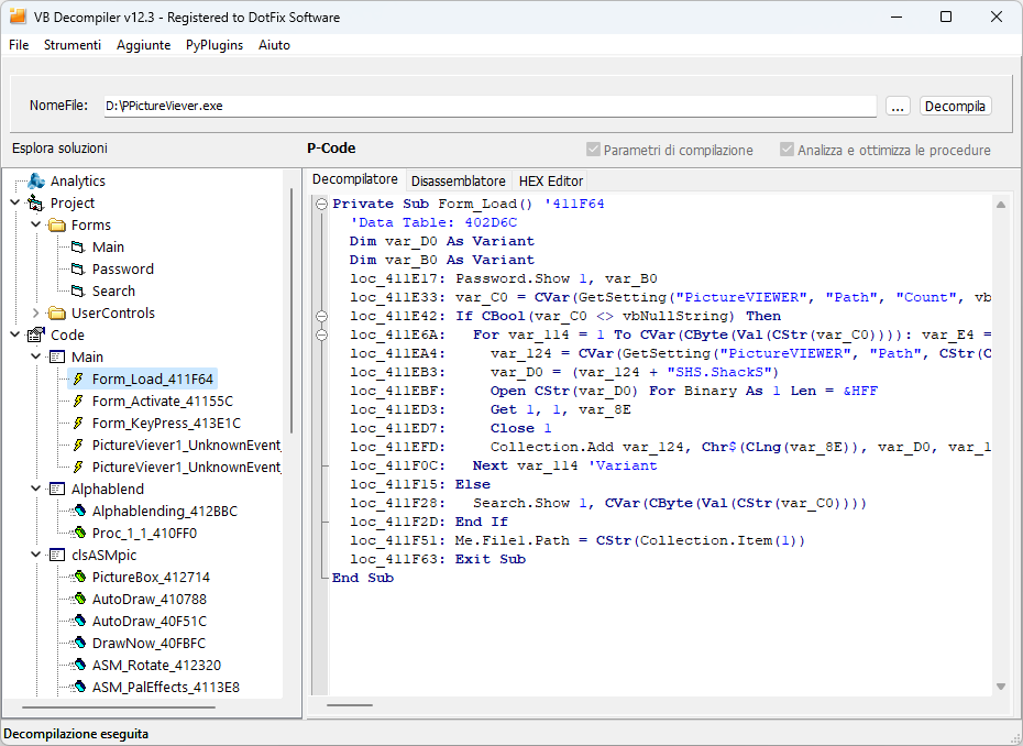 Finestra principale VB Decompiler