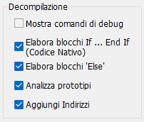 VB Decompiler opzioni di decompilazione