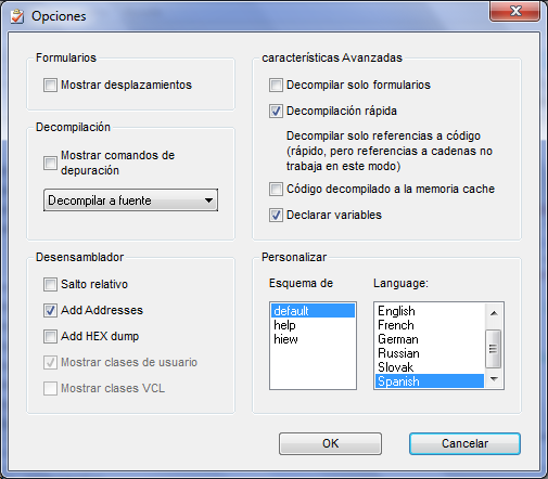 VB Decompiler Opciones del programa
