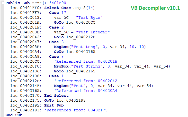 VB Decompiler Select Case in v10.1