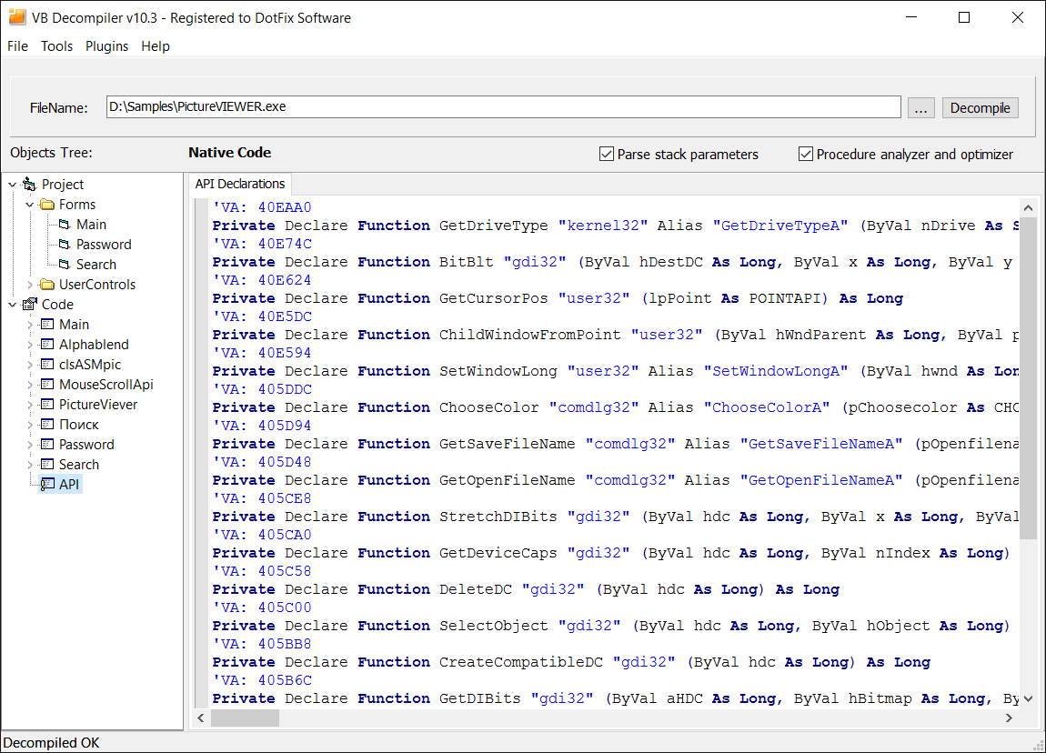 VB Decompiler - Lots of new prototypes of API functions