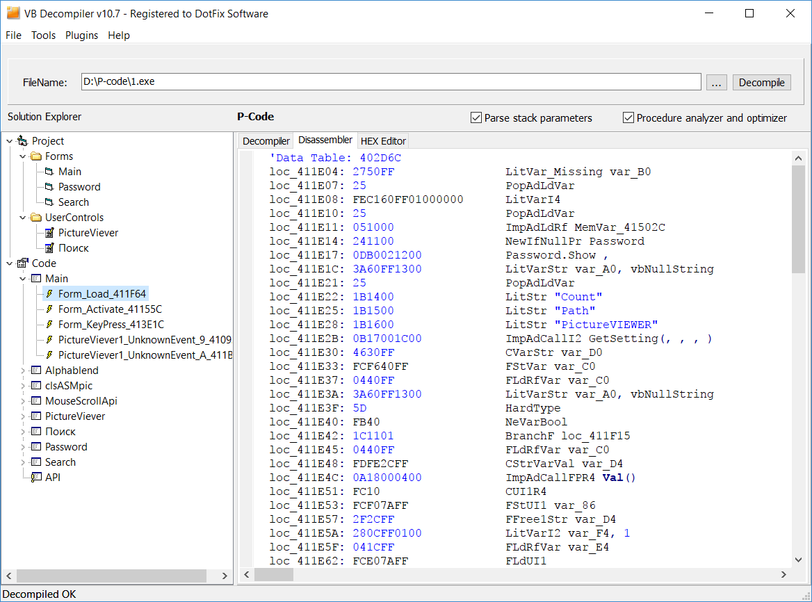 VB Decompiler HEX data can now be displayed for P-Code
