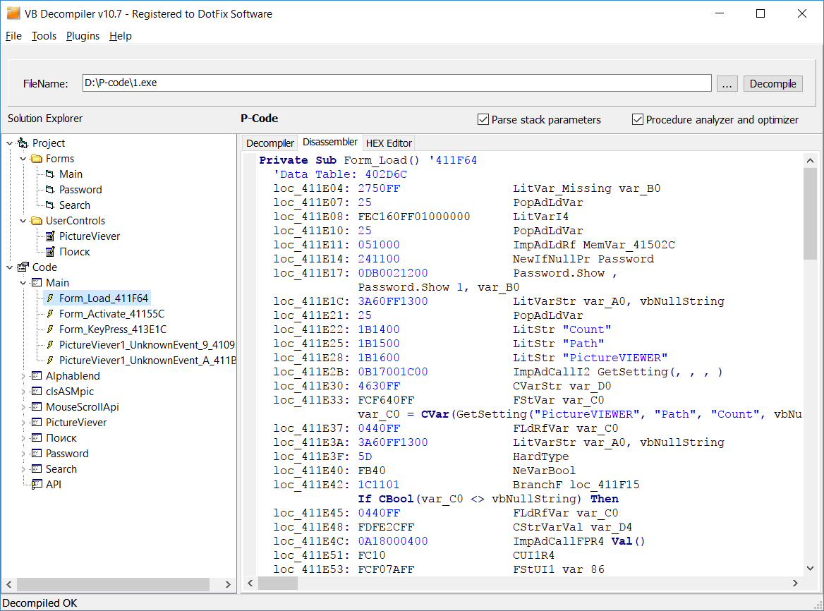 VB Decompiler HEX data can now be displayed for P-Code 2