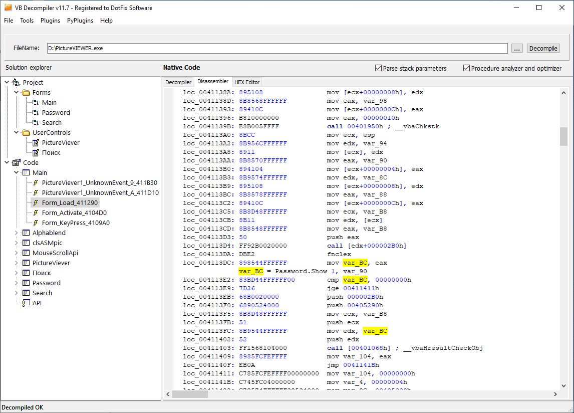 VB Decompiler highlighting the current command, register or variable