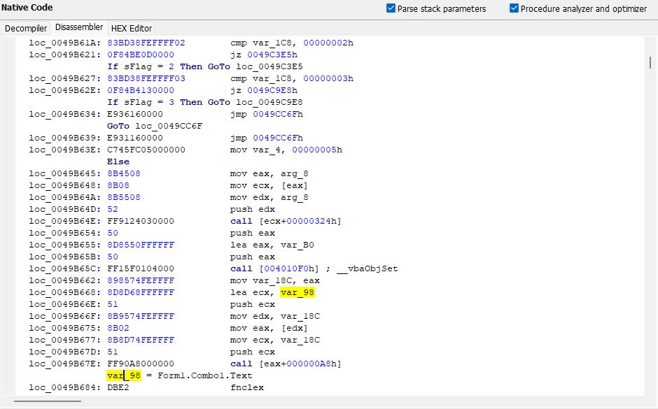 VB Decompiler Result of merging the decompiled code with the disassembled one