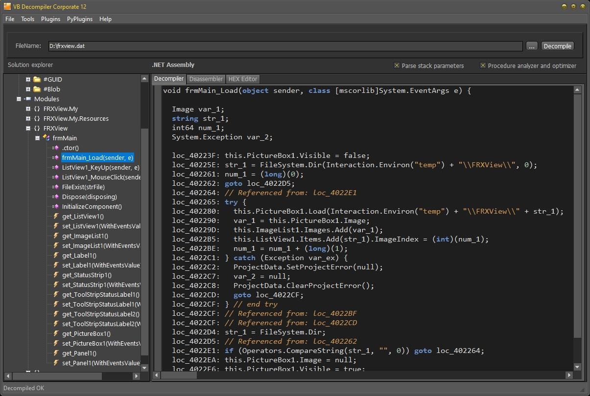 C# try catch decompilation via VB Decompiler