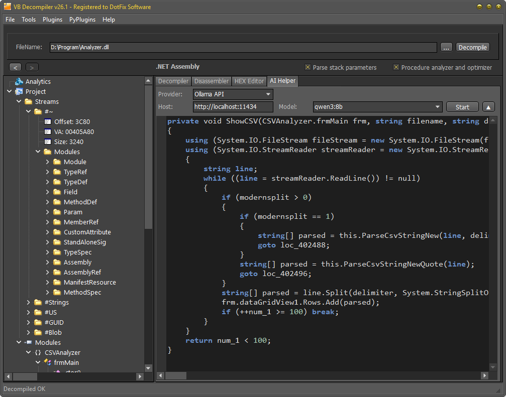 VB Decompiler interface showing Project Tree focus and Alt+1 hotkey navigation between panels