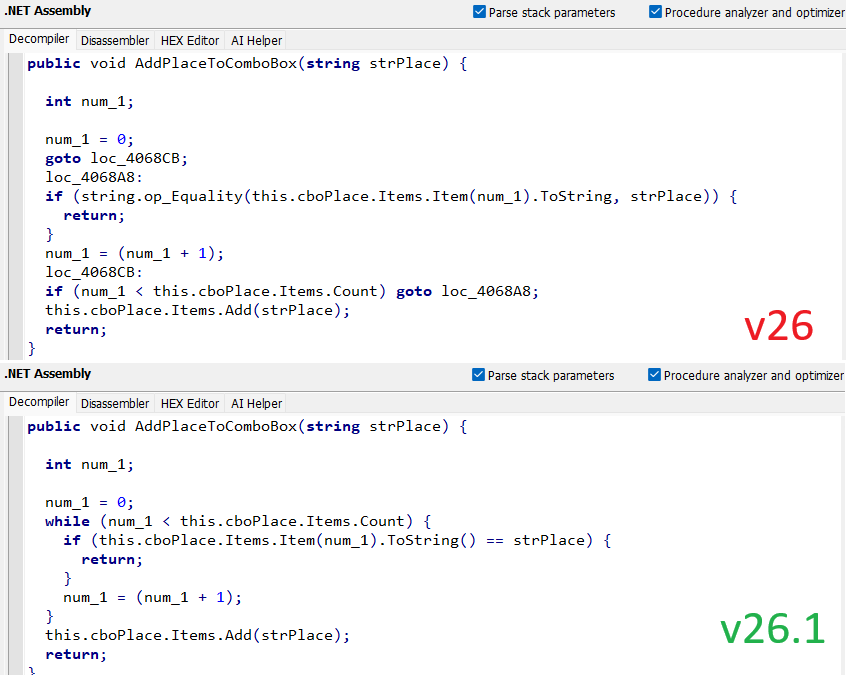 Side-by-side comparison: raw goto-based loop vs reconstructed while and foreach loops