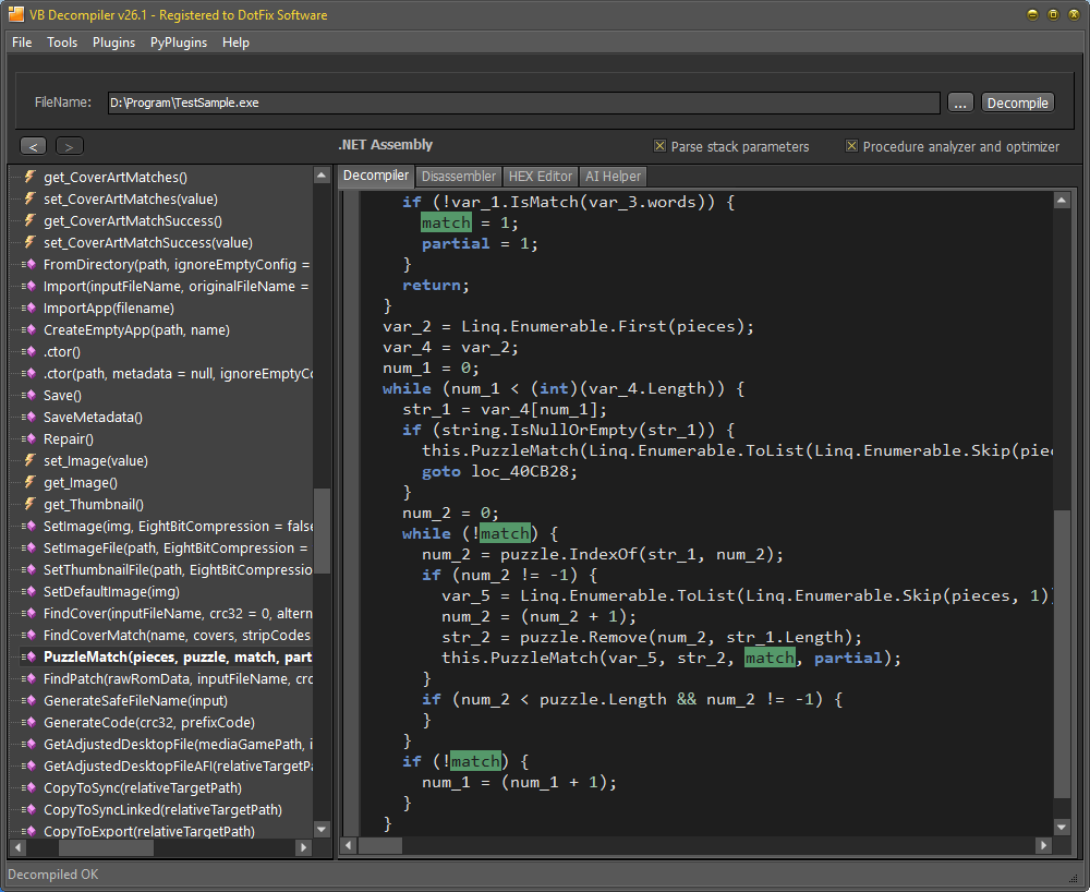Full-size C sharp code reconstruction from a dot NET assembly in VB Decompiler