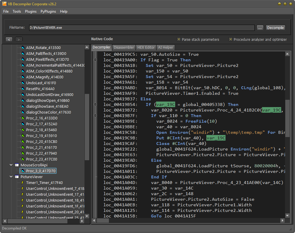 Full-size VB Decompiler Native Code recovery comparison showing improved reconstructed code