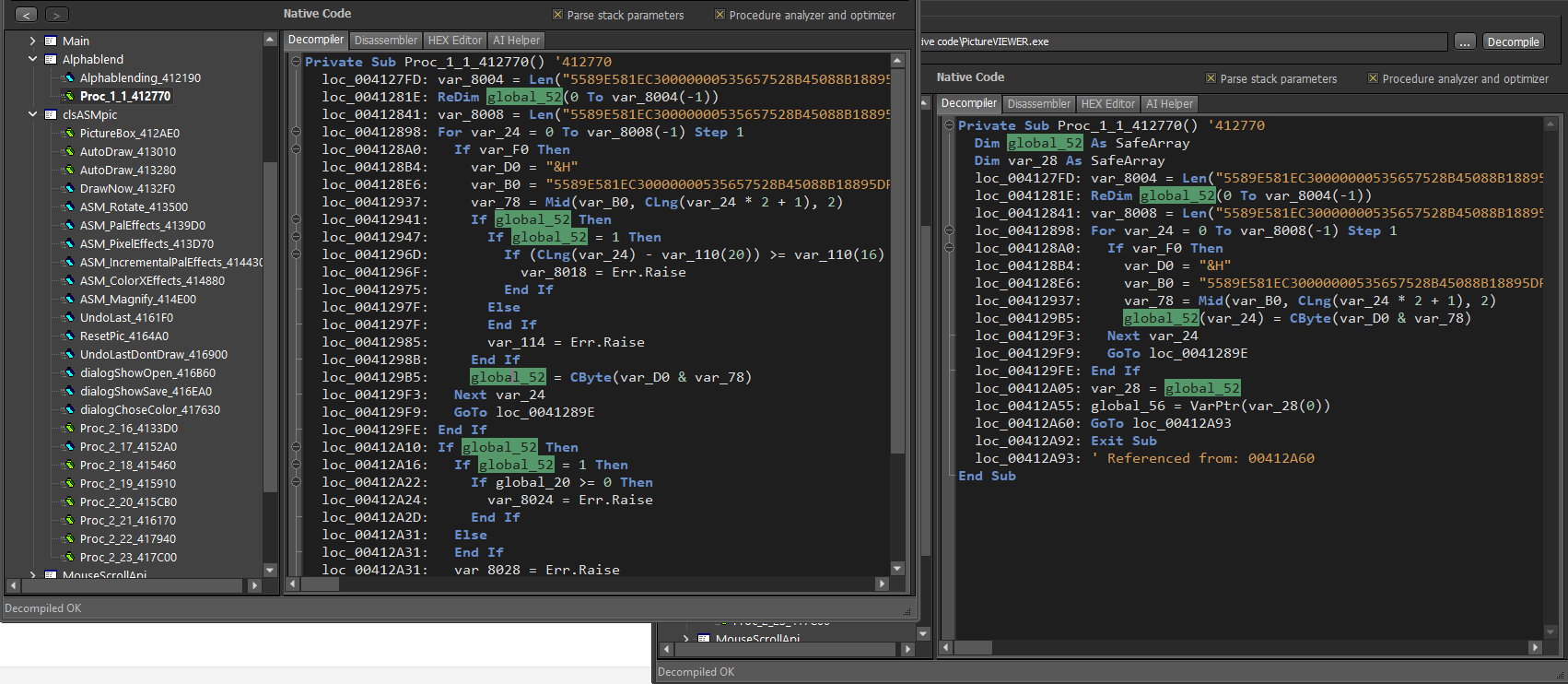 Side-by-side comparison of the same VB6 method decompiled before and after SafeArray support: the Before column shows dozens of lines of raw pointer arithmetic expressions; the After column shows clean Dim declarations and concise array subscript access
