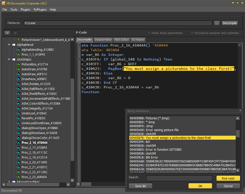 String Reference dialog showing search field and large string list with over 32,000 entries