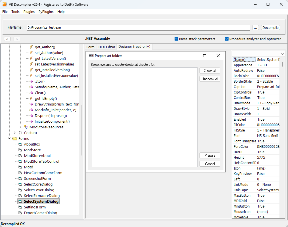 VB Decompiler visually reconstructing a .NET Windows Form without the .NET Framework installed