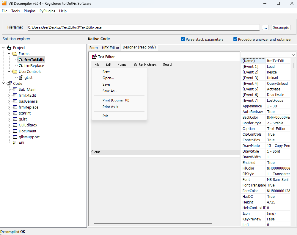VB Decompiler visually reconstructing the menu of a decompiled Visual Basic 6.0 form