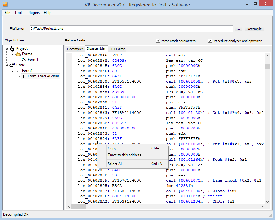 VB Decompiler Native Code Tracer